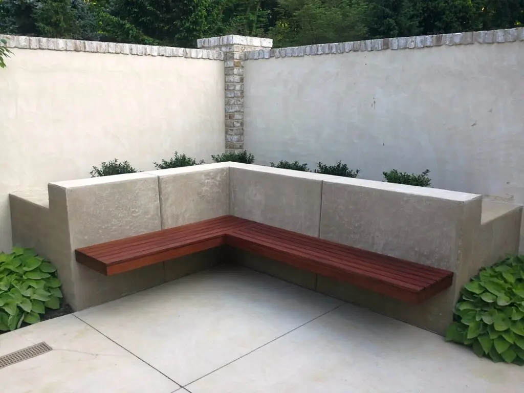 Planting Terrace With Floating Bench Surrounded By Masonry Garden Walls, Lancaster, Pa