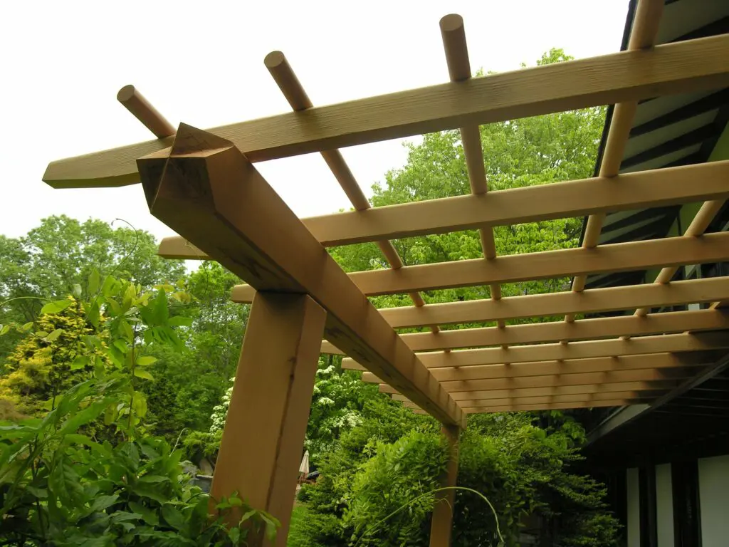 Garden Structures 13 A Close-Up View Of A Wooden Pergola With A Lattice Roof Design, Partially Covered By Lush Green Plants. The Structure Extends From A Building And Is Surrounded By Trees In The Background, Creating A Natural And Serene Outdoor Setting.