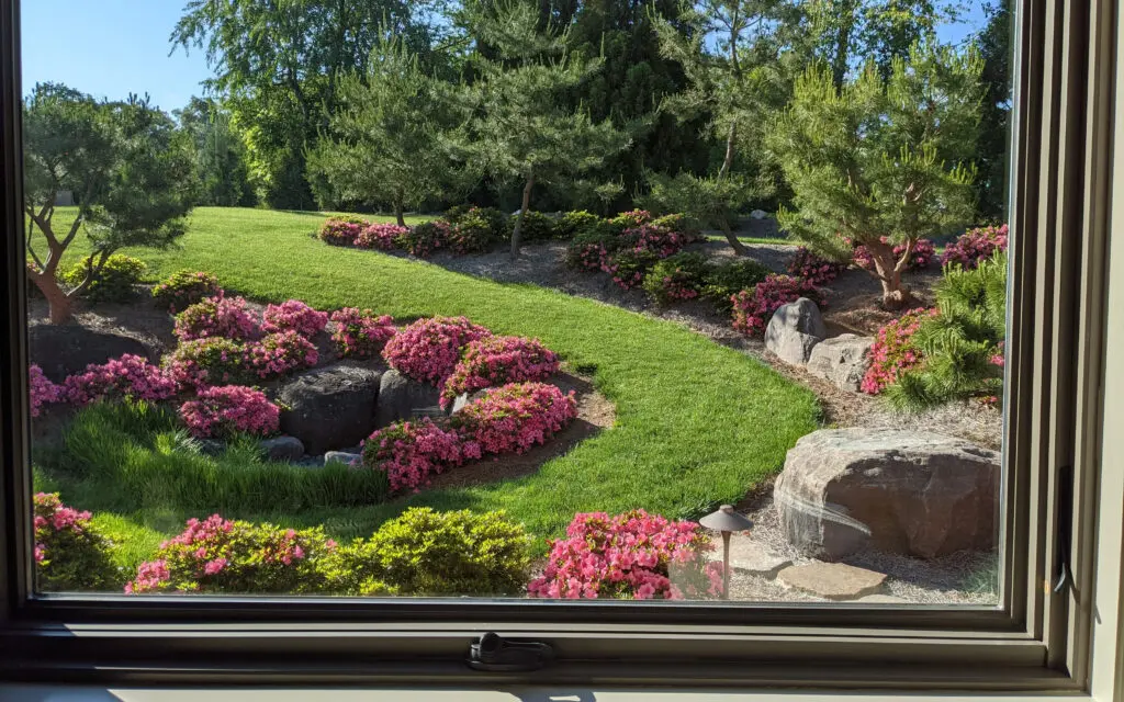 Flowers, Natural Boulders And Large Pine Trees Outline Winding Lush Green Lawn