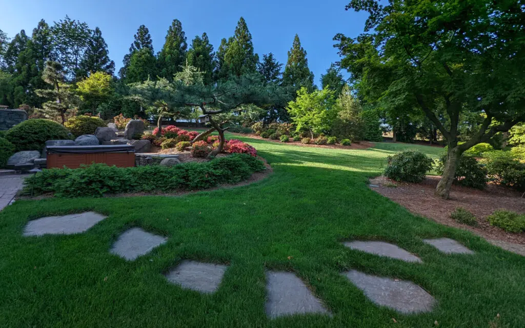 Winding Stepping Stone Path Through Lush Green Lawn