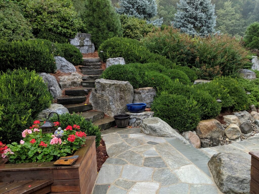 Limestone Boulders Recovered From Former Retaining Wall Support Stone Staircase, Soils And Plants On Hillside Garden, Lancaster, Pa
