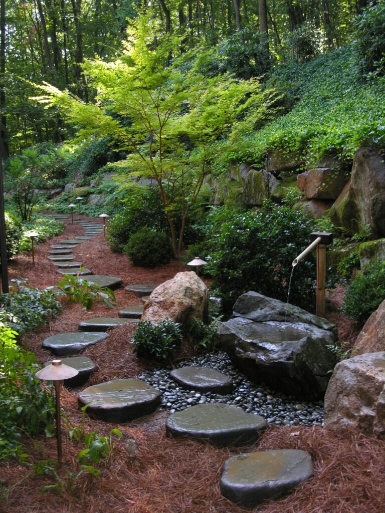 Hand-Shaped Bluestone Stepping Stones Create Interesting Path, While Solving Difficult Drainage Problem In Flat, Backyard Garden, Lancaster, Pa