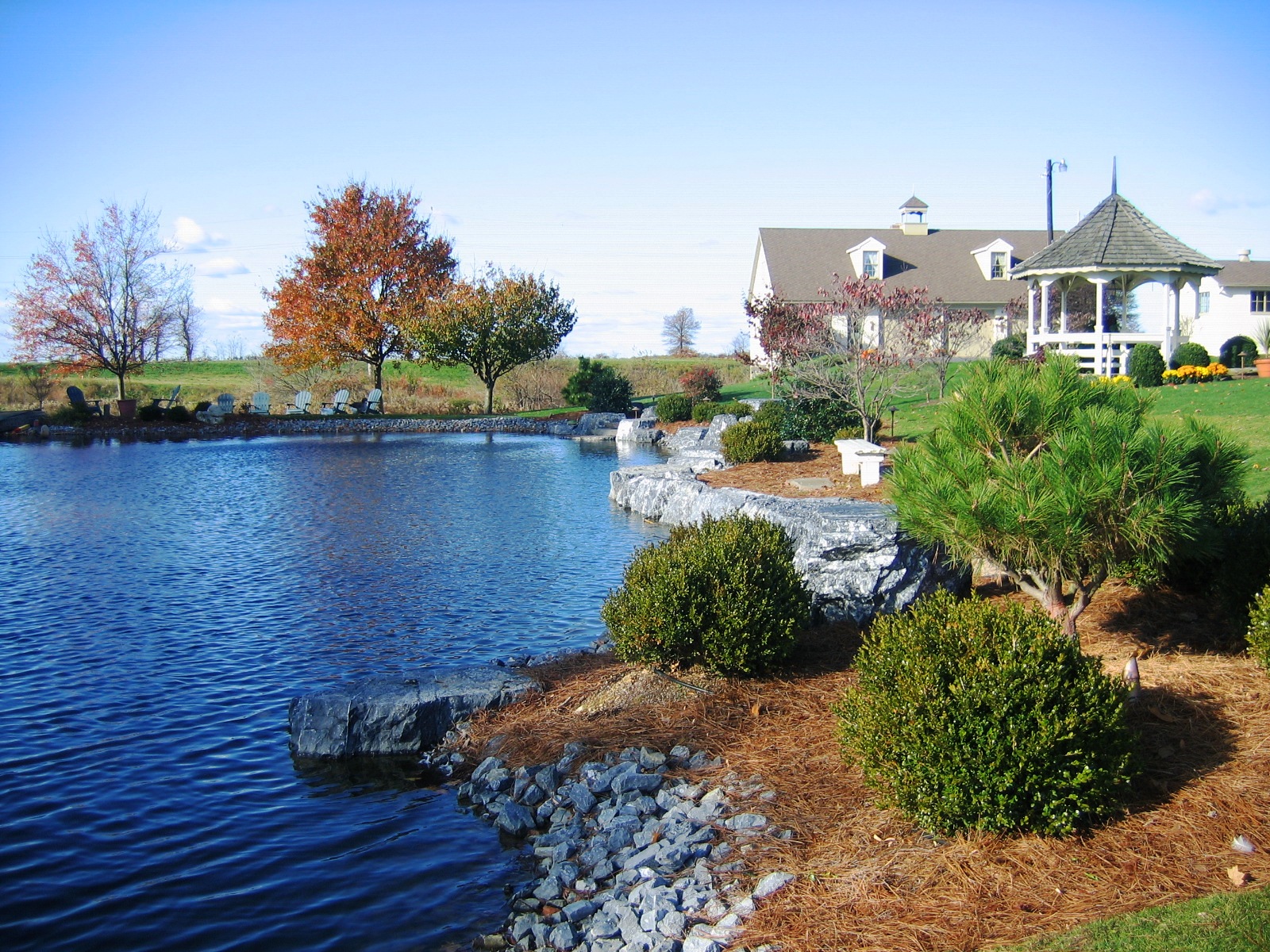 Boulders And Plantings Add Function And Interest To Farm Pond On Rural Estate, Manheim, Pa