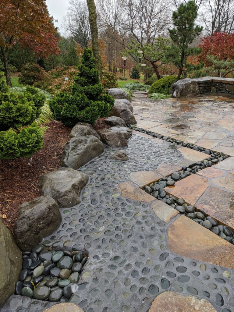 Natural Stone Drain Channel And Boulder Curb Removes Puddles, Prevents Erosion In Heavy Rains And Is A Safe Place To Step, Lititz, Pa