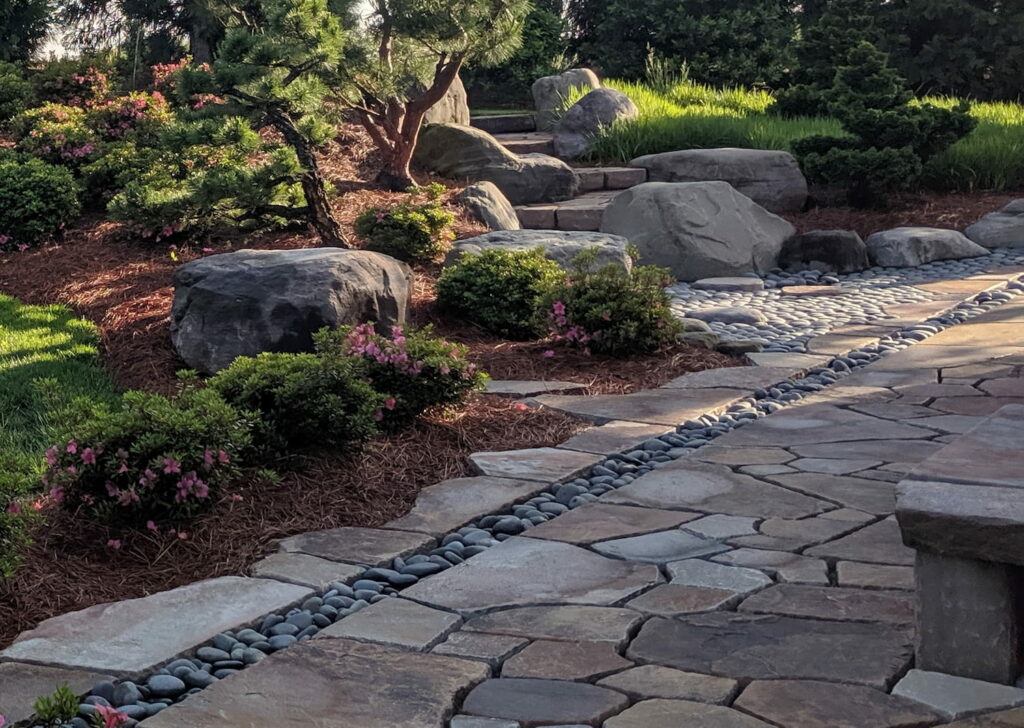 Boulders Support Stone Staircase From Natural Stone Patio, Manheim, Pa