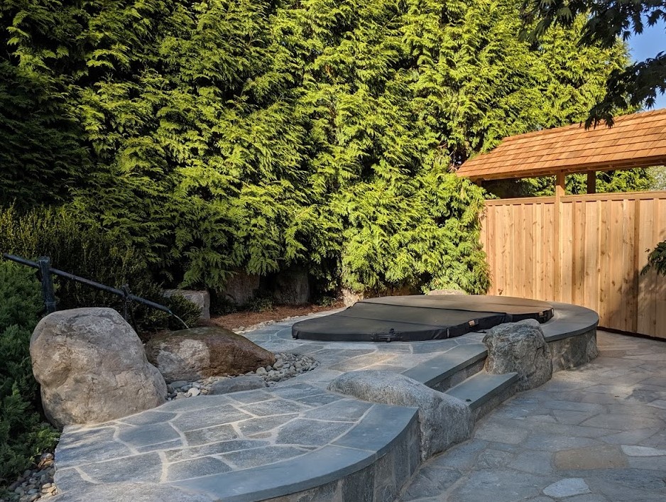 Built-In Hot Tub Terrace With Tsukubai Water Feature Also Serves As A Bench For Family, Lancaster, Pa