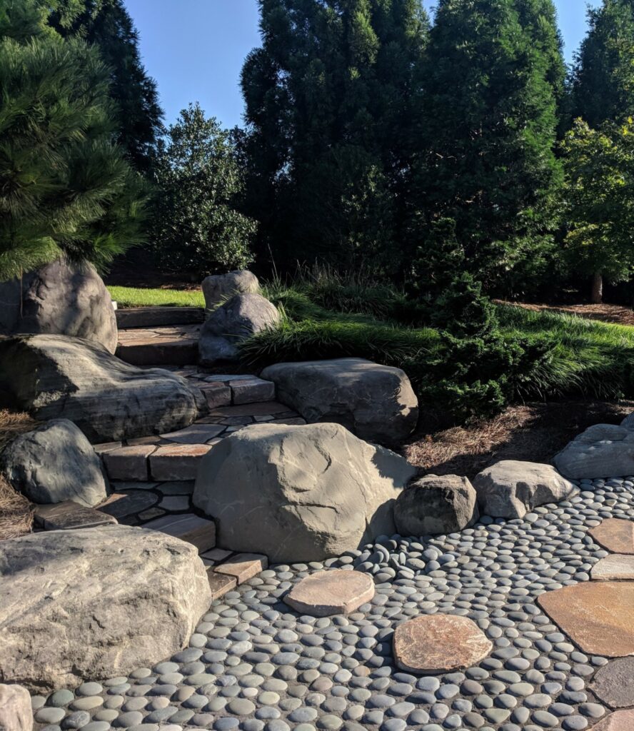 Natural Stone Staircase Connects Upper Lawn With Patio, Manheim, Pa