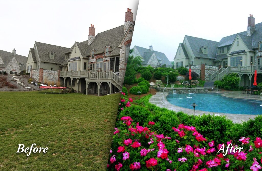 Before And After Of A Project Featuring A Custom Pool And Entertainment Space Nestled On A Terraced Hillside.