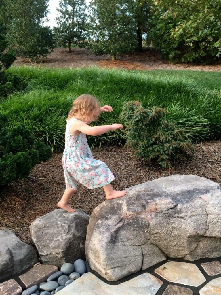 A Child Having Fun While Walking On Some Rocks In A Children'S Garden Designed And Installed By Hanselman Landscape And Gardens