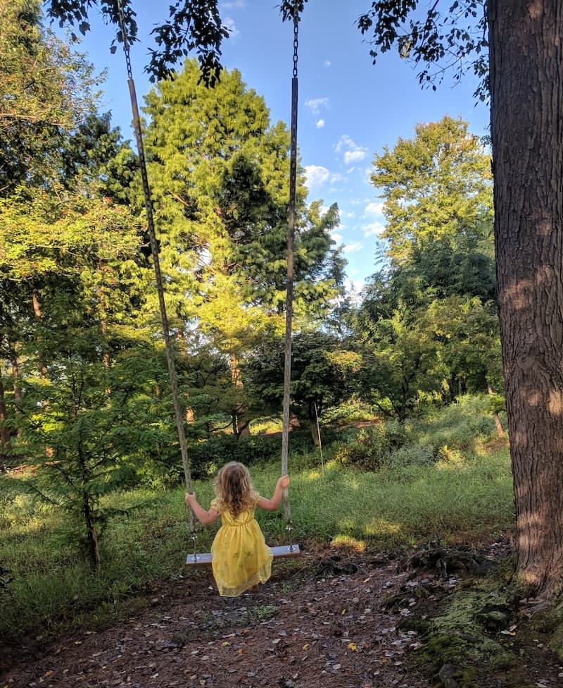 A Child On A Tall Swing In The Middle Of A Children'S Garden Made By Hanselman Landscape And Gardens